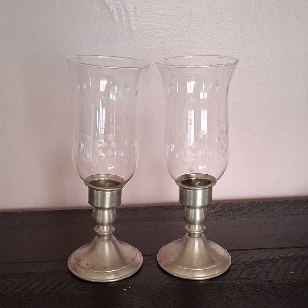 Antique-Style Brass Hurricane Candle Holders with Etched Glass -